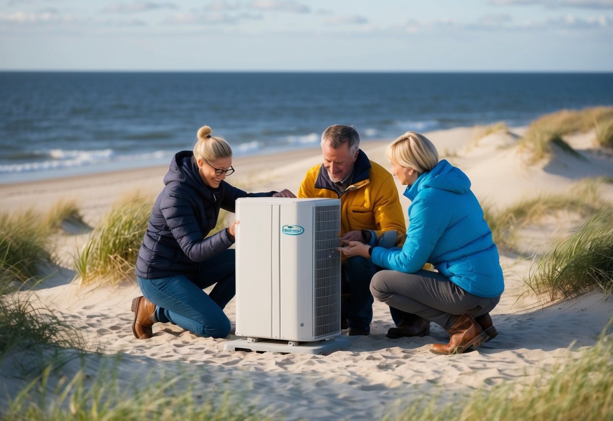 En familie i Hvide Sande installerer en varmepumpe i deres hjem omgivet af sandede klitter og Nordsøen